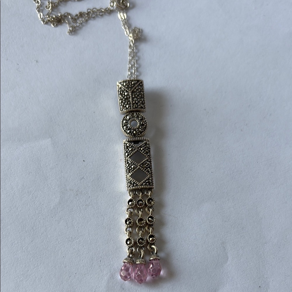 Vintage Marcasite and Pink Sapphire Lariat Pendant Necklace